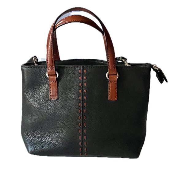 FOSSIL Two-Tone Crossbody Handbag Black Brown Pebble Leather EUC - Picture 1 of 9